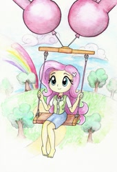 Size: 669x982 | Tagged: safe, artist:astevenamedwolf, imported from derpibooru, fluttershy, human, equestria girls, animal crossing, balloon, barefoot, clothes, cloud, cute, feet, female, isabelle, rainbow, shirt, shyabetes, sitting, skirt, sky, smiling, solo, traditional art, tree