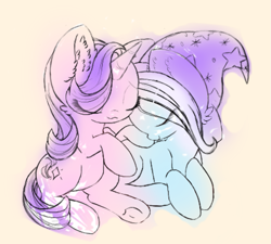 Size: 1057x951 | Tagged: safe, artist:miniaru, imported from derpibooru, starlight glimmer, trixie, pony, unicorn, clothes, duo, eyes closed, female, hat, sitting, startrix, trixie's hat