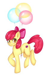 Size: 604x1000 | Tagged: safe, artist:pink-pinktooth, imported from derpibooru, apple bloom, earth pony, pony, adorabloom, balloon, cartoon physics, cute, cutie mark, female, filly, simple background, smiling, solo, the cmc's cutie marks, white background