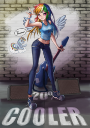 Size: 848x1200 | Tagged: safe, artist:the-park, deleted from derpibooru, imported from derpibooru, rainbow dash, human, 20% cooler, armpits, clothes, female, guitar, humanized, looking at you, painting, solo, standing