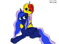 Size: 2250x1688 | Tagged: safe, artist:terminalhash, imported from derpibooru, princess luna, oc, oc:rouzfirecarrot, pony, biting, ear bite