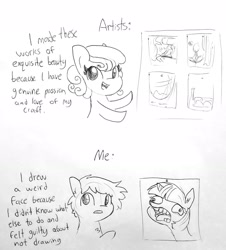Size: 1384x1534 | Tagged: safe, artist:tjpones, imported from derpibooru, twilight sparkle, oc, oc:tjpones, earth pony, pony, art, artist, black and white, bust, chest fluff, comic, dialogue, drawing, ear fluff, ear piercing, faic, grayscale, lineart, monochrome, piercing, relatable, self deprecation, simple background, traditional art