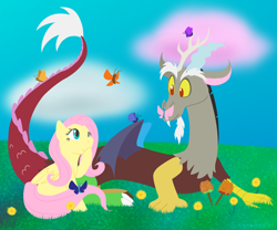 Size: 1200x1000 | Tagged: safe, artist:enigmadoodles, imported from derpibooru, discord, fluttershy, butterfly, draconequus, pegasus, pony, apple, butterfly on nose, candy apple (food), covering mouth, cute, discute, duo, female, flower, folded wings, food, friendshipping, grass, insect on nose, looking at something, male, mare, outdoors, prone, shyabetes, sitting, smiling, wings