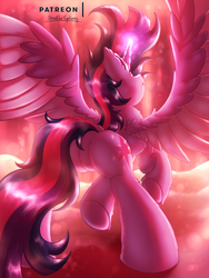 Size: 2250x3000 | Tagged: safe, artist:shad0w-galaxy, imported from derpibooru, twilight sparkle, alicorn, pony, ear fluff, female, fire, horn, lava, magic, mare, patreon, patreon logo, patreon preview, preview, solo, spread wings, twilight sparkle (alicorn), underhoof, wings