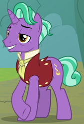 Size: 530x785 | Tagged: safe, imported from derpibooru, screencap, firelight, pony, unicorn, the parent map, clothes, lidded eyes, male, necktie, smiling, solo, stallion, vest