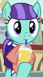 Size: 345x615 | Tagged: safe, imported from derpibooru, screencap, mixed berry, earth pony, pony, the parent map, drink, drinking straw, ear piercing, earring, female, hoof hold, jewelry, mare, piercing, smiling, solo