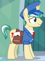 Size: 425x570 | Tagged: safe, imported from derpibooru, screencap, proper postal, crystal pony, pony, the parent map, clothes, cropped, hat, mailpony, mailpony uniform, male, saddle bag, solo, stallion, uniform