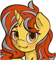 Size: 1189x1274 | Tagged: safe, artist:ink-dash, edit, editor:scartlex, imported from derpibooru, vector edit, oc, oc only, oc:cinderheart, pony, unicorn, blushing, female, golden eyes, lip bite, mare, ponymotes, simple background, smiling, transparent background, vector, vector trace