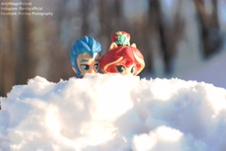 Size: 6000x4000 | Tagged: safe, artist:artofmagicpoland, imported from derpibooru, flash sentry, sunset shimmer, equestria girls, doll, equestria girls minis, eqventures of the minis, female, flashimmer, male, pun, shipping, snow, soon, straight, toy