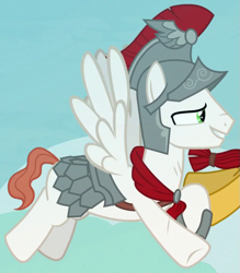 Size: 715x815 | Tagged: safe, imported from derpibooru, screencap, albus, flash magnus, pegasus, pony, campfire tales, background pony, cropped, flying, helmet, male, royal legion, solo focus, stallion