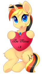 Size: 1504x2661 | Tagged: safe, artist:scarlet-spectrum, imported from derpibooru, oc, oc only, oc:amber bit, pony, unicorn, :p, be mine, choker, female, heart, holiday, hoof hold, leg fluff, looking at you, mare, neck fluff, silly, simple background, sitting, solo, tongue out, transparent background, underhoof, valentine's day, ych result