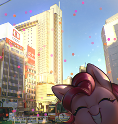 Size: 1302x1365 | Tagged: safe, artist:mirroredsea, imported from derpibooru, pinkie pie, earth pony, pony, city, cute, diapinkes, eyes closed, female, grin, japan, japanese, mare, photo, smiling, solo