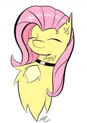Size: 1200x1705 | Tagged: artist needed, safe, artist:flutterpriest, imported from derpibooru, fluttershy, oc, oc:flutterpriest, pegasus, pony, bust, chest fluff, choker, chokershy, eyes closed, signature, simple background, smiling, solo, white background