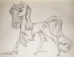 Size: 3801x2952 | Tagged: safe, artist:angusdra, imported from derpibooru, rarity, pony, unicorn, female, mare, monochrome, simple background, solo, traditional art