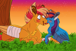 Size: 1280x867 | Tagged: safe, artist:colourstrike, imported from derpibooru, oc, oc only, oc:chrysanthos, oc:glider, pegasus, pony, bandage, black eye, blood, blushing, cheek kiss, colored ears, description is relevant, ear piercing, earring, eyes closed, female, injured wing, jewelry, kiss on the cheek, kissing, male, mare, nosebleed, oc x oc, offspring, offspring shipping, parent:big macintosh, parent:fluttershy, parent:rainbow dash, parent:soarin', parents:fluttermac, parents:soarindash, piercing, shipping, stallion, story included, straight, sunset, torn ear, wide eyes