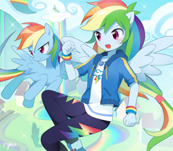 Size: 2200x1930 | Tagged: safe, artist:ryuu, imported from derpibooru, rainbow dash, pegasus, pony, equestria girls, equestria girls series, anime, clothes, cloudsdale, female, geode of super speed, human ponidox, magical geodes, pants, ponied up, self ponidox, shirt, wings