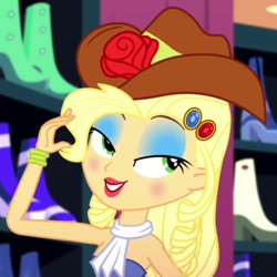 Size: 780x780 | Tagged: safe, imported from derpibooru, screencap, applejack, eqg summertime shorts, equestria girls, make up shake up, applejack is best facemaker, applejewel, bare shoulders, clothes, cropped, dress, eyeshadow, fall formal outfits, female, lidded eyes, lipstick, makeup, sleeveless, smiling, solo, strapless, when she smiles