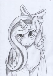 Size: 2239x3186 | Tagged: safe, artist:auremun, imported from derpibooru, oc, oc:fleurbelle, alicorn, pony, adorabelle, alicorn oc, bow, cute, female, hair bow, long hair, long mane, long tail, looking at you, mare, ocbetes, ribbon, smiling, traditional art