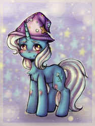 Size: 2772x3696 | Tagged: safe, artist:zefirka, imported from derpibooru, trixie, pony, unicorn, blushing, chest fluff, clothes, female, hat, mare, smiling, solo, trixie's hat