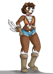 Size: 940x1310 | Tagged: safe, artist:dinobirdofdoom, imported from derpibooru, winona, anthro, dog, anthro pets, boots, clothes, daisy dukes, female, shoes, shorts, solo