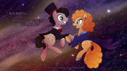 Size: 1366x768 | Tagged: safe, artist:lissystrata, imported from derpibooru, doctor whooves, time turner, earth pony, pony, crossover, doctor who, eleventh doctor, ponified, river song, river song (doctor who), space, the doctor, wallpaper