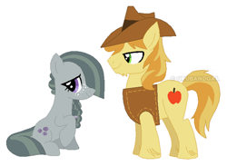 Size: 490x358 | Tagged: safe, artist:grubandgaming16th, edit, imported from derpibooru, braeburn, marble pie, alternate hairstyle, braeble, braeburn's hat, chin fluff, clothes, cropped, cutie mark, female, freckles, leg fluff, male, shipping, sitting, standing, straight, vest, watermark