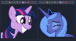 Size: 491x269 | Tagged: safe, imported from derpibooru, princess luna, twilight sparkle, derpibooru, juxtaposition, juxtaposition win, meme, meta, s1 luna