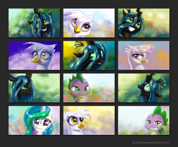 Size: 1040x860 | Tagged: safe, artist:kp-shadowsquirrel, imported from derpibooru, gilda, princess celestia, queen chrysalis, spike, alicorn, changeling, changeling queen, dragon, griffon, pony, .zip file at source, female, mare, wallpaper pack