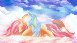 Size: 1920x1080 | Tagged: safe, artist:macalaniaa, imported from derpibooru, fluttershy, rainbow dash, pegasus, pony, cloud, cuddling, eyes closed, female, flutterdash, lesbian, mare, on a cloud, photoshop, shipping, sky, sleeping, spread wings, wallpaper, wings