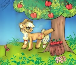 Size: 1280x1097 | Tagged: safe, artist:artyanas-workshop, imported from derpibooru, applejack, pony, apple, apple tree, female, flower, food, redraw, solo, tree