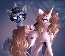 Size: 2050x1773 | Tagged: safe, artist:ggchristian, imported from derpibooru, oc, oc:cindy, oc:zac, pony, unicorn, bedroom eyes, bow, cinzac, female, glasses, male, mare, stallion, tail bow