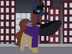 Size: 2740x2055 | Tagged: safe, artist:calibykitty, artist:midnightamber, imported from derpibooru, oc, oc only, oc:barbat gordon, bat pony, pony, bat pony oc, batgirl, batman, belt, boots, building, cape, city, clothes, dc comics, female, gloves, mare, mask, night, rooftop, shoes, solo, superhero