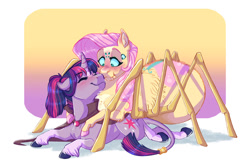 Size: 1280x828 | Tagged: safe, artist:earthsong9405, imported from derpibooru, fluttershy, twilight sparkle, classical unicorn, monster pony, original species, pony, spiderpony, unicorn, blaze (coat marking), blushing, cloven hooves, commission, curved horn, duo, female, horn, leonine tail, lesbian, mare, nuzzling, scrunchy face, shipping, simple background, smiling, species swap, spidershy, star (coat marking), tail ring, twishy, unicorn twilight, unshorn fetlocks