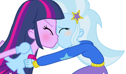 Size: 1076x634 | Tagged: safe, artist:kog, edit, imported from derpibooru, trixie, twilight sparkle, human, equestria girls, accidental kiss, duo, female, kiss on the lips, kissing, lesbian, shipping, twixie