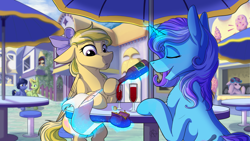 Size: 3556x2000 | Tagged: safe, artist:klarapl, imported from derpibooru, oc, oc only, oc:amber streak, oc:untitled work, earth pony, pegasus, pony, unicorn, alcohol, background character, background characters, bits, bottle, bow, cafeteria, canterlot, chair, coin purse, duo focus, duster, eyes closed, female, fence, floppy ears, folded wings, glass, hair bow, heart, hooves on the table, ice cream shop, looking at watch, magic, magic glow, male, mare, obscured cutie mark, paper, parchment, pink eyes, quill, sitting, stallion, table, talking, telekinesis, umbrella, wine, wine glass, wings, writing