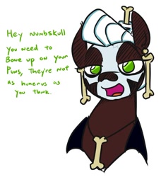 Size: 536x589 | Tagged: safe, artist:jargon scott, imported from derpibooru, oc, oc only, oc:the bone mare, earth pony, pony, bone, bust, dialogue, ear piercing, earring, female, jewelry, mare, necklace, open mouth, piercing, pun, simple background, skull, solo, white background