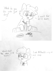 Size: 1812x2433 | Tagged: safe, artist:tjpones, imported from derpibooru, oc, oc only, oc:tjpones, earth pony, pony, car keys, comic, dialogue, ear fluff, ear piercing, glasses, grayscale, key, keychain, lineart, male, monochrome, necktie, offscreen character, pencil drawing, piercing, simple background, solo, stallion, traditional art, white background