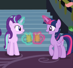 Size: 914x851 | Tagged: safe, imported from derpibooru, screencap, starlight glimmer, twilight sparkle, alicorn, pony, unicorn, a hearth's warming tail, cider, cropped, cup, cute, female, glimmerbetes, glowing horn, happy, levitation, looking at each other, magic, mare, open mouth, raised hoof, smiling, stairs, tankard, telekinesis, twiabetes, twilight sparkle (alicorn)