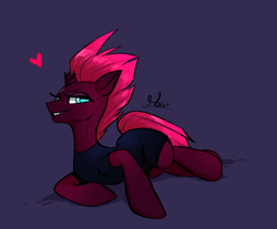 Size: 1150x952 | Tagged: dead source, safe, artist:and-so-what, imported from derpibooru, tempest shadow, pony, unicorn, broken horn, clothes, colored pupils, cute, female, heart, horn, mare, purple background, simple background, solo, tempestbetes