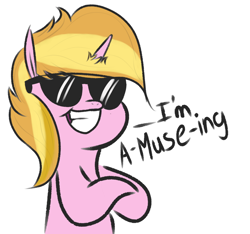 Size: 800x750 | Tagged: safe, artist:ponetistic, imported from derpibooru, oc, oc only, oc:muse, pony, crossed hooves, pun, smug, sunglasses, wordplay