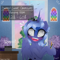 Size: 3024x3024 | Tagged: safe, artist:darkest-lunar-flower, imported from derpibooru, princess luna, alicorn, pony, cheek fluff, chest fluff, ear fluff, female, on the moon for too long, pencil, pencil sharpener, s1 luna, scared, solo