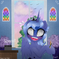 Size: 3024x3024 | Tagged: safe, artist:darkest-lunar-flower, imported from derpibooru, princess luna, alicorn, pony, belly button, blushing, cheek fluff, chest fluff, cute, ear fluff, female, lavender, lunabetes, on the moon for too long, pencil, pencil sharpener, s1 luna, scared, slightly creepy, solo, stained glass, surprised