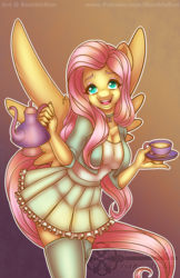 Size: 990x1530 | Tagged: safe, artist:bumblebun, imported from derpibooru, fluttershy, anthro, pegasus, breasts, cleavage, clothes, female, food, kettle, looking at you, miniskirt, open mouth, pleated skirt, skirt, smiling, socks, solo, tea, thigh highs, zettai ryouiki