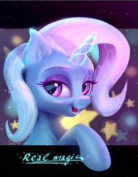 Size: 1829x2356 | Tagged: safe, artist:xbi, imported from derpibooru, trixie, pony, unicorn, bedroom eyes, bust, female, looking at you, magic, mare, portrait, solo, stars, text