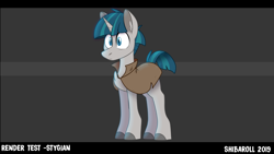 Size: 3840x2160 | Tagged: safe, artist:shibaroll, imported from derpibooru, stygian, horse, pony, unicorn, art, blue eyes, blue mane, canon, cartoon, chest fluff, colored hooves, concept, cute, drawing, ear fluff, illustration, male, render, stygianbetes