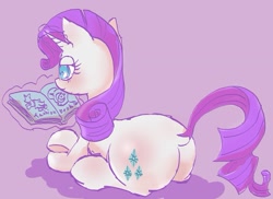 Size: 855x623 | Tagged: safe, artist:noupu, imported from derpibooru, rarity, pony, unicorn, butt, dock, female, magazine, magic, plot, rearity, simple background, solo, telekinesis