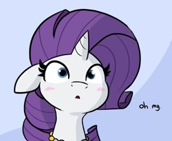 Size: 771x632 | Tagged: safe, artist:tjpones, artist:tjpones edits, edit, edited edit, imported from derpibooru, rarity, pony, unicorn, blushing, bust, cropped, edit of an edit of an edit, female, frown, horn, jewelry, mare, nervous grin, offscreen character, open mouth, out of context, reaction image, shocked, solo, wide eyes