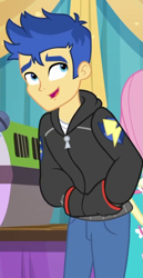 Size: 525x1019 | Tagged: safe, imported from derpibooru, screencap, flash sentry, fluttershy, best in show: the pre-show, equestria girls, equestria girls series, spoiler:eqg series (season 2), clothes, cropped, hand in pocket, hands in pockets, hoodie, male, microphone, offscreen character, smiling