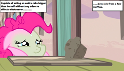 Size: 1258x720 | Tagged: safe, edit, edited screencap, imported from derpibooru, screencap, pinkie pie, pony, season 5, the cutie map, cottage, door, female, food, green, muffin, sick, solo, starlight's village, table, text, text box