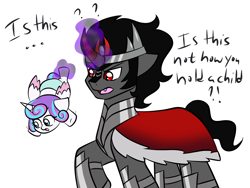 Size: 1600x1200 | Tagged: safe, artist:jolliapplegirl, imported from derpibooru, king sombra, princess flurry heart, pony, unicorn, season 9, the beginning of the end, ..., dialogue, exclamation point, female, filly, foal, interrobang, leg hold, magic, male, open mouth, question mark, simple background, stallion, telekinesis, white background